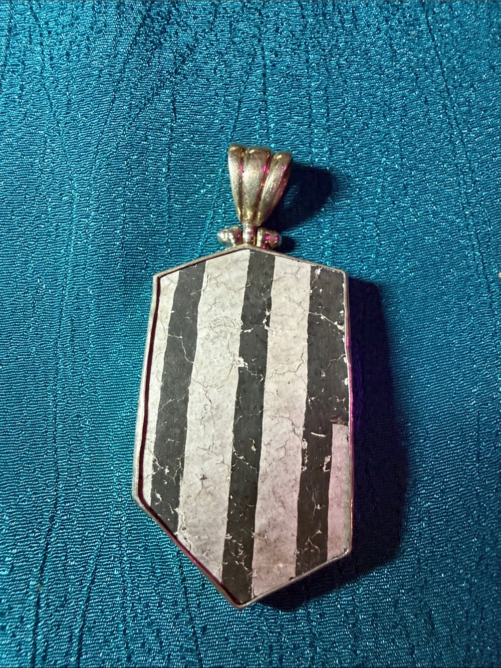 Sterling Silver Black and White Striped ceramic shard Shield Pendant